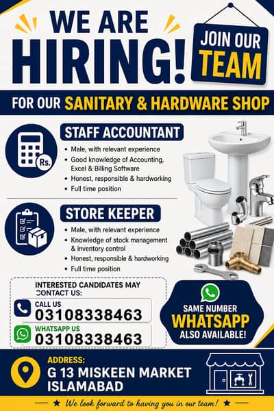 we are hiring staff accountant and store helper