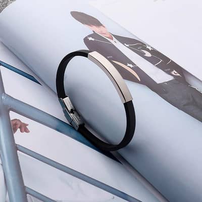 Black silicone bracelet with silver clasp for men women