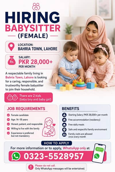 Urgently hiring BabySitter in bahria townLahore