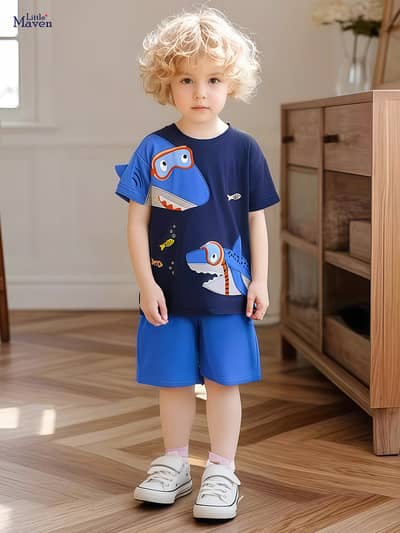 Kids Shark Print Blue Shorts Suit for Boys