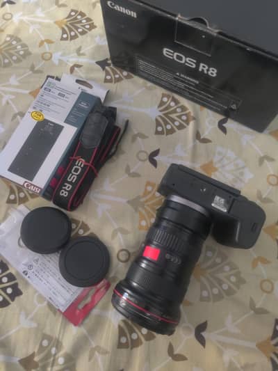 Canon R8 full frame body with adapter and 16-35 f2.8 lens