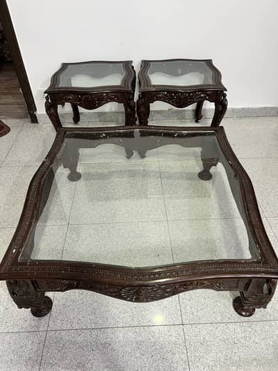 Peacock style solid walnut wood center table and side tables