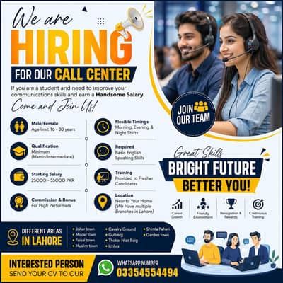 Matric/Inter students required for call center agent position.