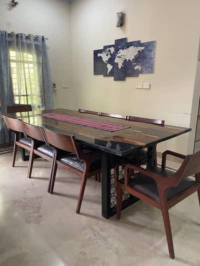Dining table with 8 chairs (epoxy resin with sheesham wood)