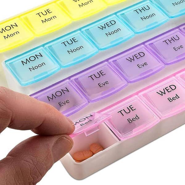 Large Weekly Pill Organizer – 7 Day Pill Box (4 Times a Day) | Moisture-Proof Travel Pill Case for Tablets, Capsules & Vitamins – Multicolor