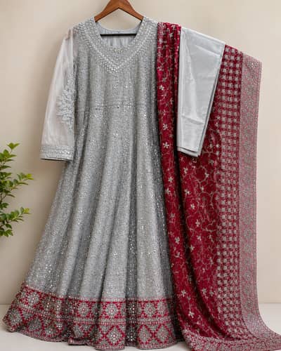 Elegant Embroidered Chiffon Dress (3 Piece) – Like New