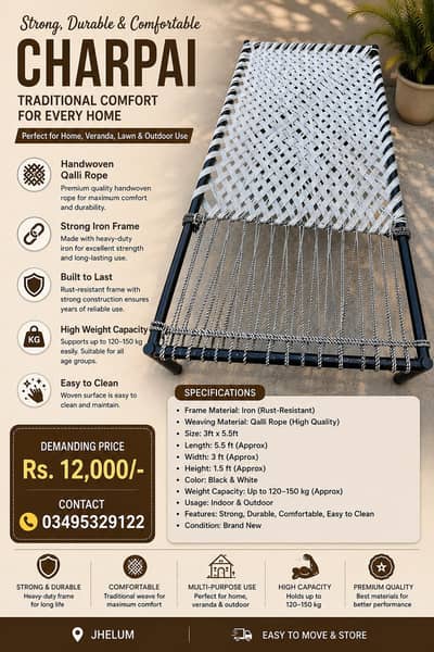 Heavy-duty Iron Metal Frame | Handmade bed/Charpai | Qalli Rope