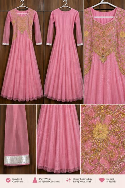 Pink Fancy Maxi Dress | Heavy Golden Embroidery Party Wear