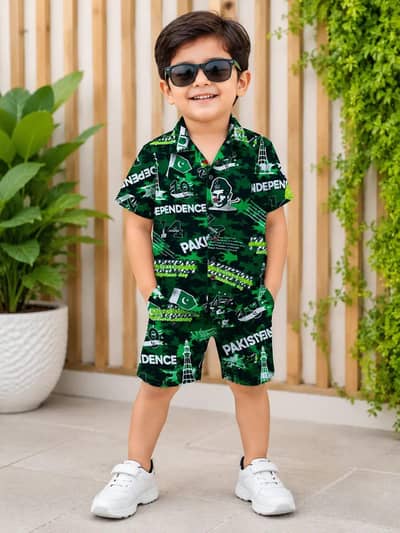 14 August 2 Pcs Boy's Dhanak Printed Shirt And Shorts Set