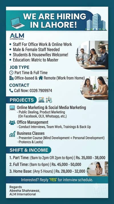 ​Work From Office or Home: ALM International Hiring in Lahore