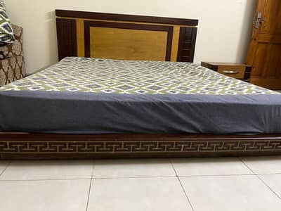 Solid wooden bed with side tables and mattress solid wodeen cupboard