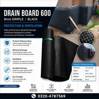 Drain Board 600 8mm Dimple Black , Waterproofing & Drainage Membrane