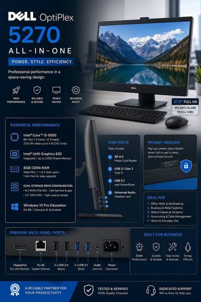 Dell OptiPlex 5270 AIO | i5-8500 | 8GB RAM | NVMe + HDD | 21.5" FHD
