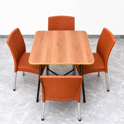 Restaurant Table with 4 Plastic Chairs | Wooden Top | Urgent Sale