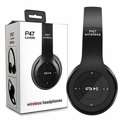 P47 Wireless Bluetooth Headphones with Mic and Bass - Black