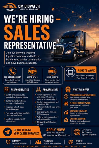  WE’RE HIRING SALES REPRESENTATIVE  (Truck Dispatching Services)