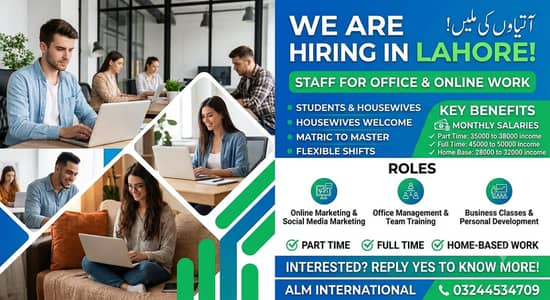 Office & Online Work Jobs Available – Male/Female (Lahore)