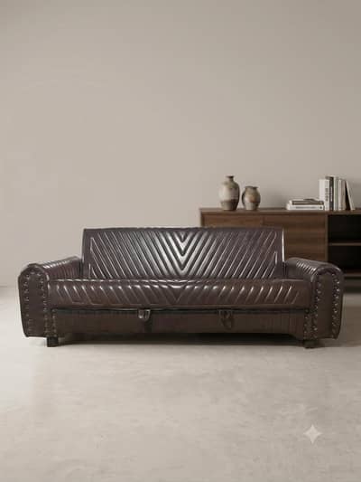  Premium Brown Leather Sofa Bed - Gol Bazu & Modern V-Design 