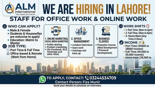 Office & Online Work Jobs Available – Male/Female (Lahore)