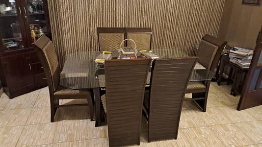 6-Seater Solid Wood Dining Table with Glass Top – Excellent Condition
