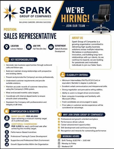 we need sales representative male & female 03060435722
