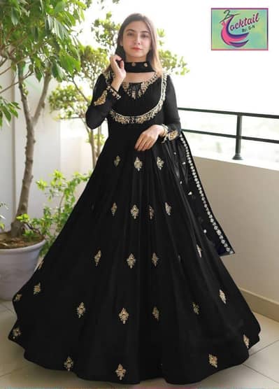 chic 3 PCs women's stitched maxi suit in black chiffon with Embroiderd