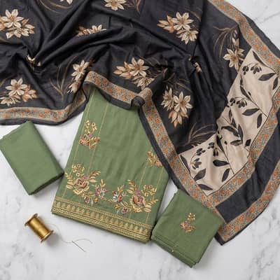 unstitched lawn black white embroided suit