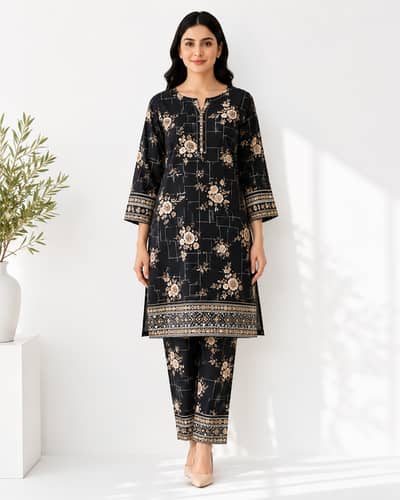 Premium Black Floral Printed 2 Piece Unstitched Dress