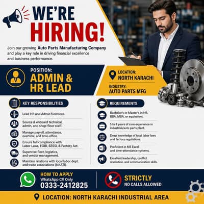 Admin & HR Lead Admin & HR Lead Staff Required | Admin HR Jobs | Urgen