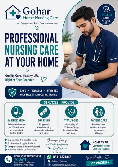 IV medication, dressing, vital signs, home care