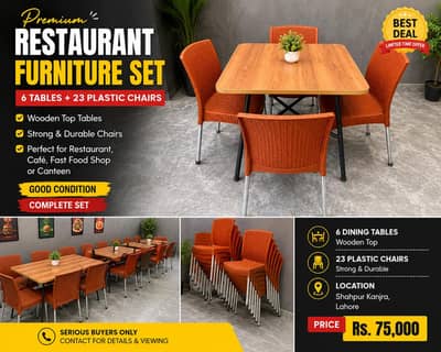 Restaurant Furniture Set – 6 Tables + 23 Plastic Chairs | Urgent Sale
