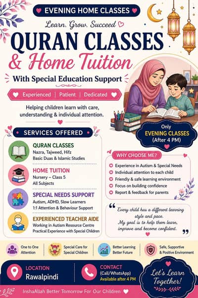 "Quran and home tuition with special education support in rawalpindi "