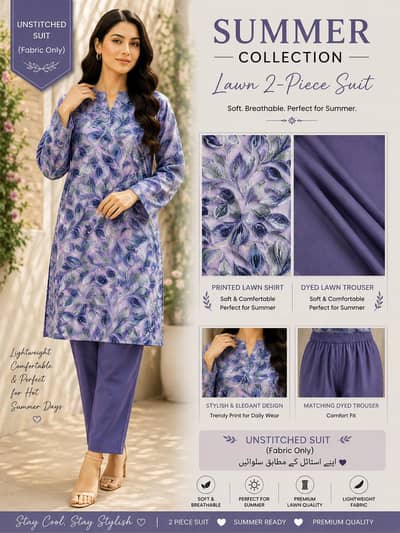 New Unstitched 2 Piece Lawn Suit – Premium Quality