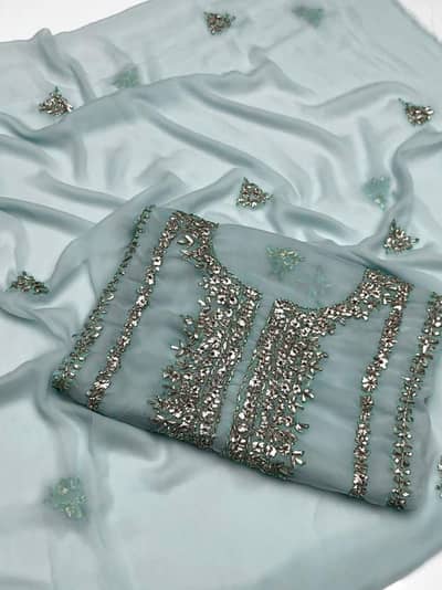Sea Green Heavy Mirror Work Chiffon Unstitched 2-Piece Suit