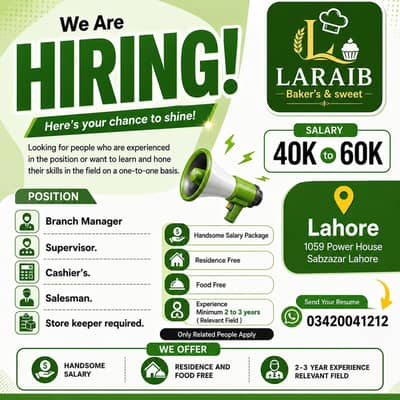We are Hiring Staff Laraib Baker's & Sweet!