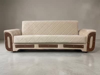 Luxury Cream Velvet Sofa Bed - Wooden Accent Arms & Diamond Quilting