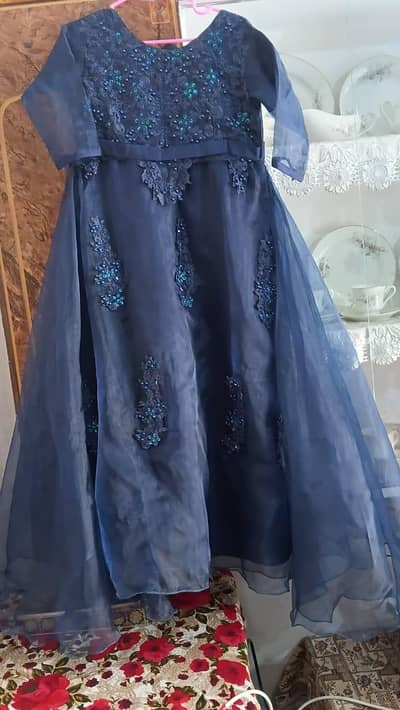 Elegant navy blue party gown with bead work - Flowy work