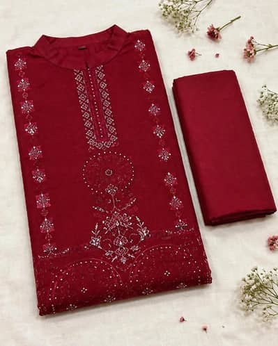 Premium 3 Piece Unstitched Embroidered Suit | Maroon | Ladies Dress