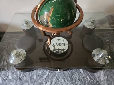 Wood coffee table, glass top and stools