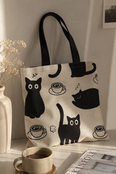 Cat Pattern Double-Sided Printed Linen Shoulder Tote Bag