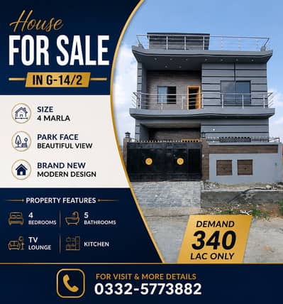House For Sale in G-14/2 (25x40) Brand new Park Face