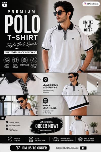 premium polo t-shirt black & white contrast