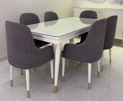 dinning table with uv sheet marble type with  6+8 chairs