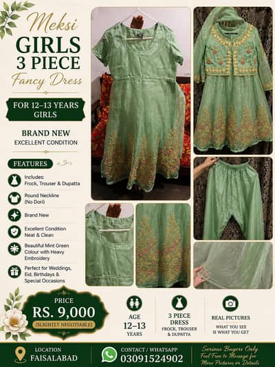 Designer Style Mint Green Formal Suit –3 Piece for 12& 13yrs old girls