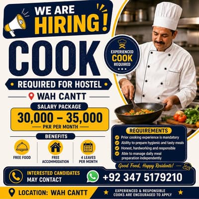 Title:  Experienced Hostel Cook Required | Wah Cantt |