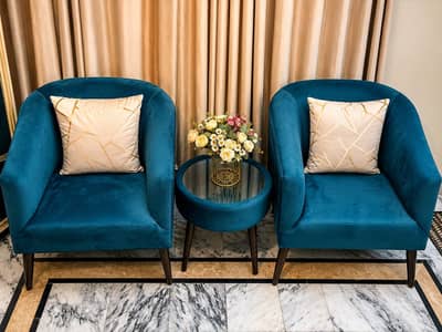 Modern Teal Velvet Accent Chairs with coffee table- Gently used
