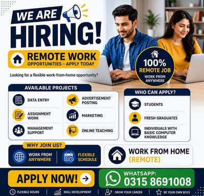 Data Entry Jobs , Work from Home , Online Jobs , Male & Female Staff