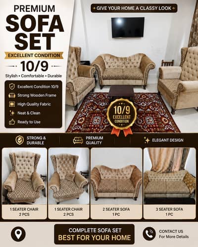 Luxury Velvet Sofa Set 7 Seater | Premium Design | Condition 10/9