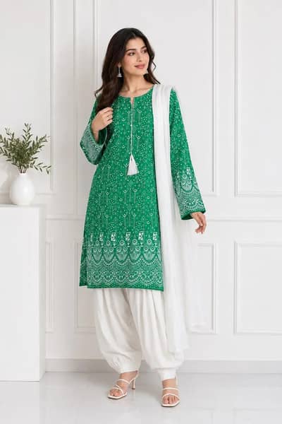 3Pcs Women's stitches Arabic lawn Block Printed Suit and shalwar