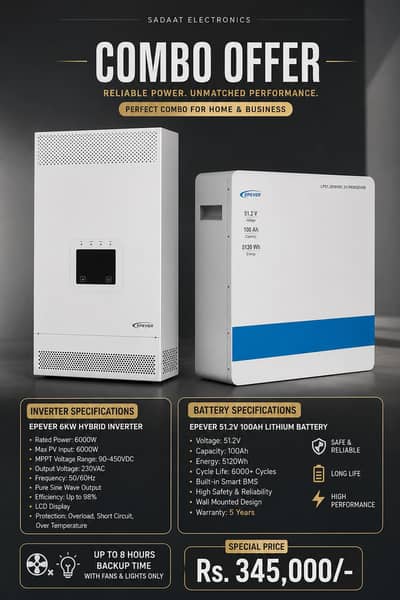 EPEVER 6KW Hybrid Inverter + 51.2V 100Ah Lithium Battery Combo | Comp